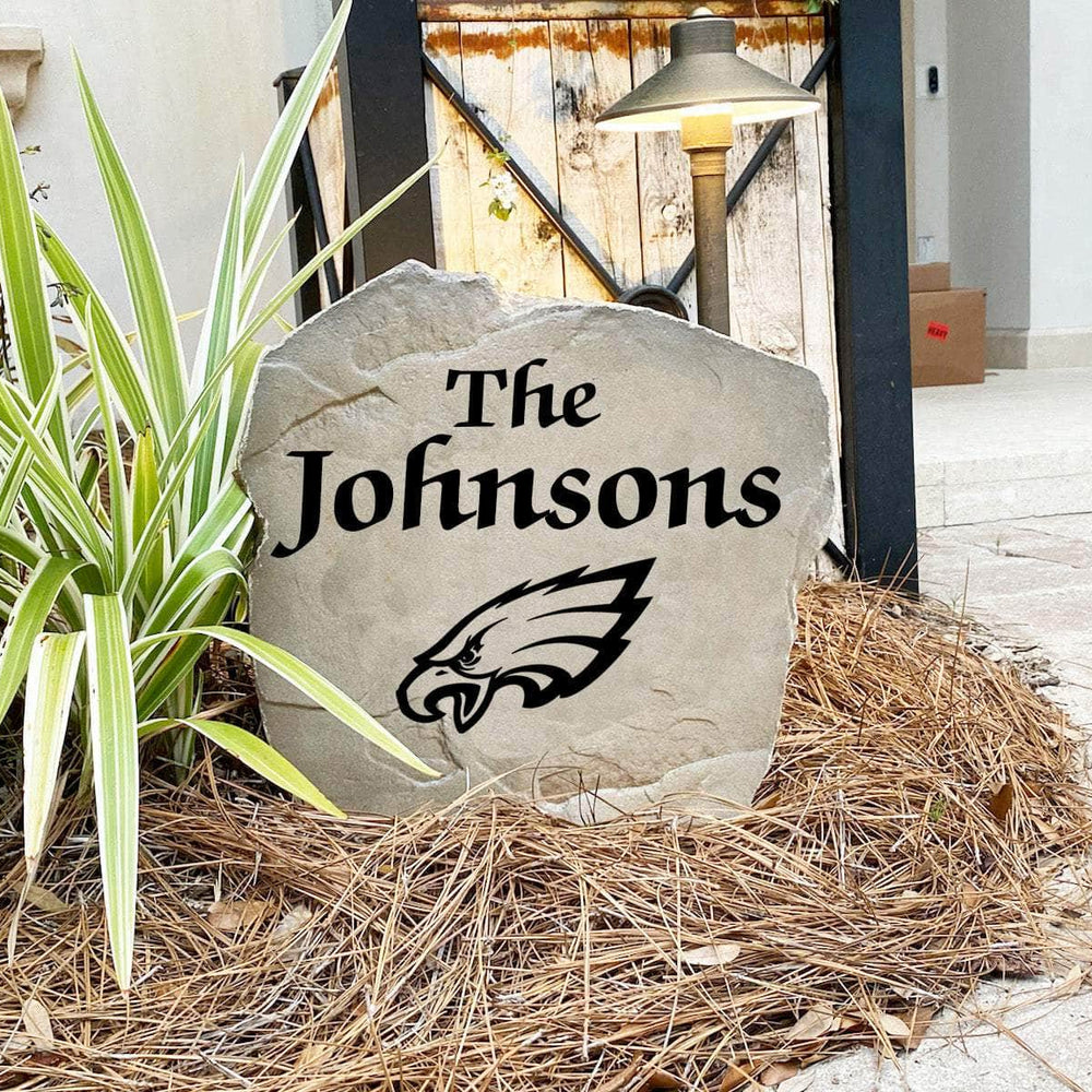 Engraved Philadelphia Eagles Name Stone with a custom family name and the official Philadelphia Eagles logo, bringing football spirit and timeless style to front yard landscapes, walkways, and home entrances.