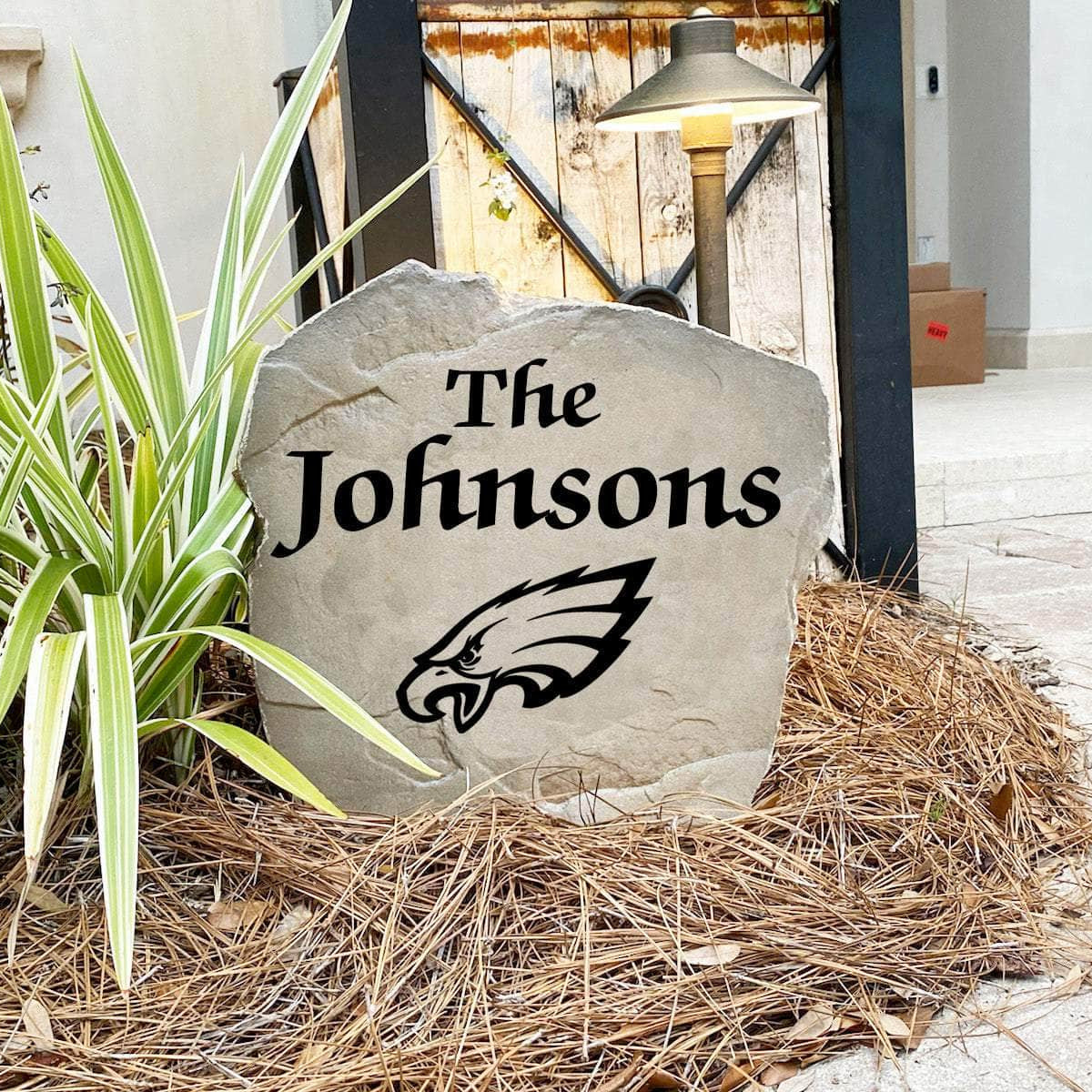Engraved Philadelphia Eagles Name Stone with a custom family name and the official Philadelphia Eagles logo, bringing football spirit and timeless style to front yard landscapes, walkways, and home entrances.