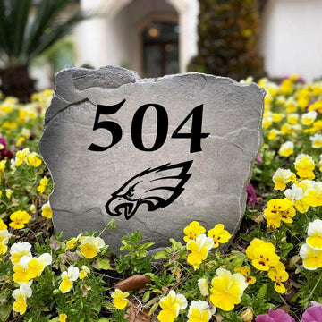 Officially licensed Philadelphia Eagles Address Stone handcrafted in the USA with custom house numbers and durable engraved artwork. This weather-resistant address stone provides lasting beauty and curb appeal for football fans and outdoor spaces.