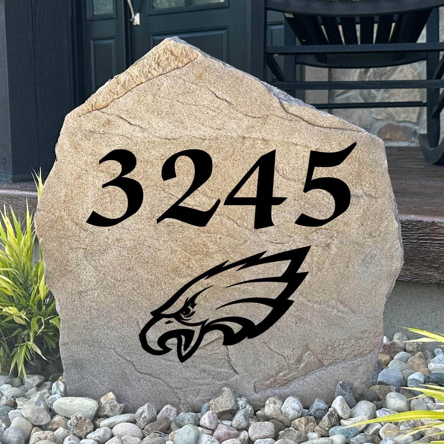 Officially licensed Philadelphia Eagles Address Stone featuring custom house numbers and the iconic Philadelphia Eagles logo engraved directly into the stone surface. This personalized address stone adds NFL team pride and enhances curb appeal for front yards, gardens, driveways, and entryways.