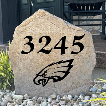 Officially licensed Philadelphia Eagles Address Stone featuring custom house numbers and the iconic Philadelphia Eagles logo engraved directly into the stone surface. This personalized address stone adds NFL team pride and enhances curb appeal for front yards, gardens, driveways, and entryways.