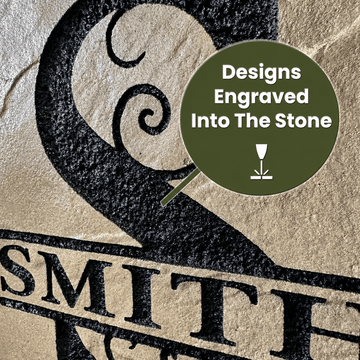 Close-up of a stone surface with a large black engraved design and partial text reading “SMITH,” plus a dark green circular callout that says “Designs Engraved Into The Stone” with a small engraving icon.
