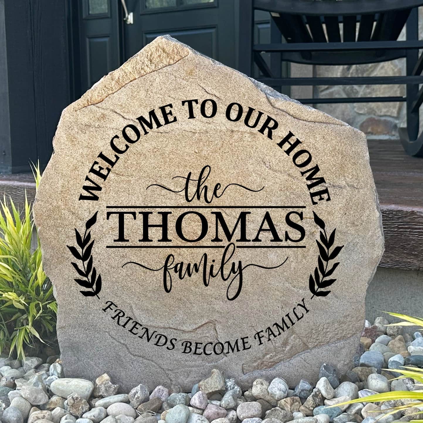 Personalized Golf Name Stone engraved with your family surname, creating a distinctive landscape centerpiece for golfers and golf-loving families.