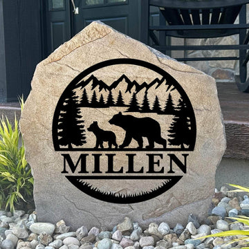 Personalized Bear Monogram Stone featuring a custom initial and majestic bear artwork engraved directly into the stone surface. This decorative garden stone adds rustic charm and curb appeal to cabins, front yards, patios, and entryways.