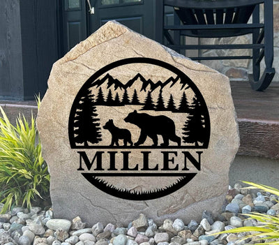 Personalized bear monogram stone with family name, perfect for garden décor and gifting.