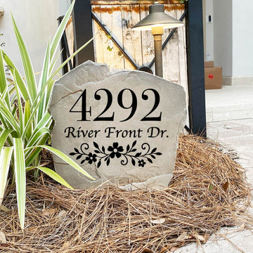 Personalized Floral Address Stone with custom house numbers and elegant floral artwork engraved directly into the stone surface. This engraved address stone adds curb appeal and creates a beautiful house number marker for front yards, gardens, walkways, and entryways. Proudly made in the USA and designed to provide a timeless, weather-resistant accent for any landscape