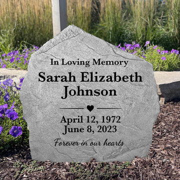 Custom Forever In Our Hearts memorial stone with engraved name and dates for outdoor remembrance