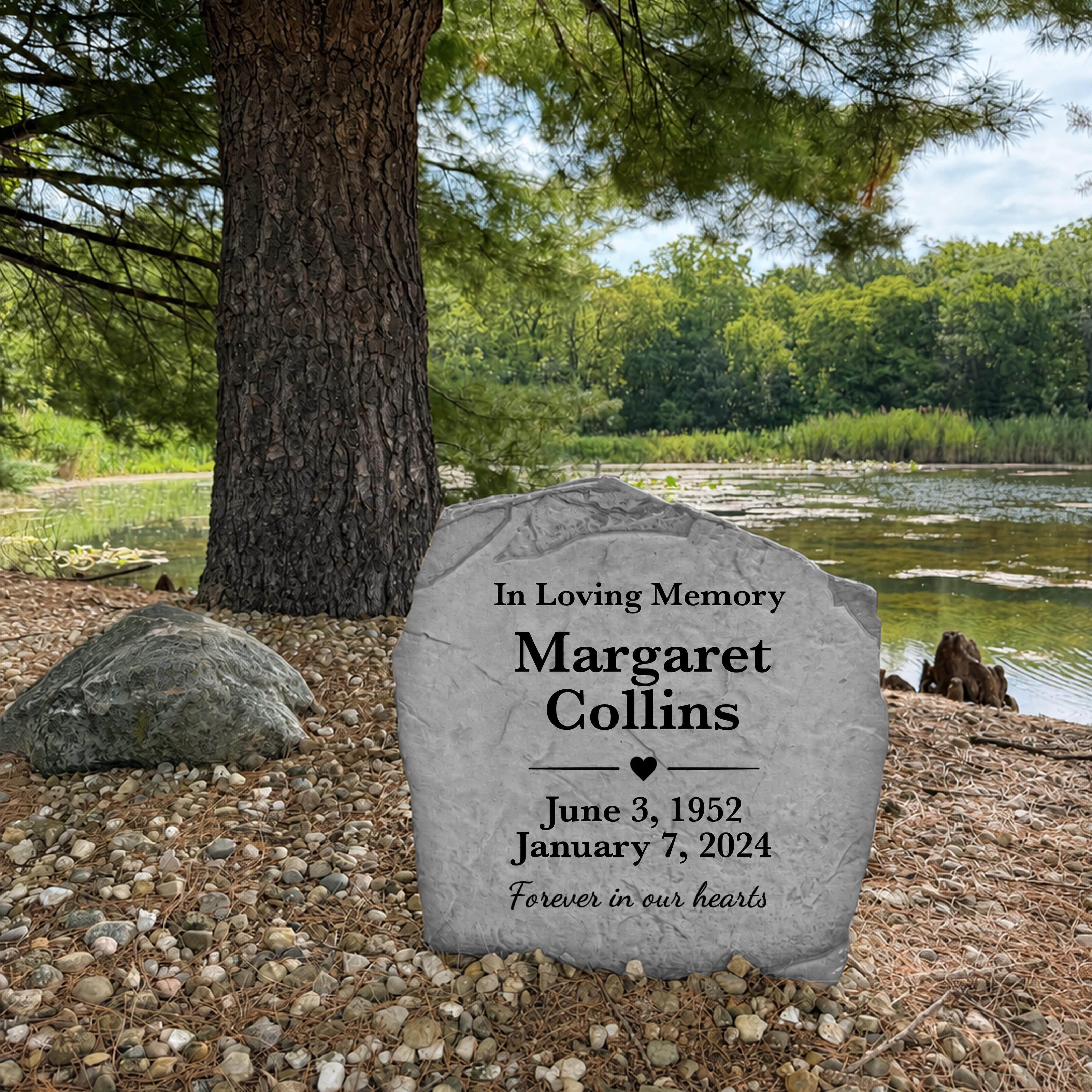 Personalized memorial garden stone featuring the Forever In Our Hearts design made in the USA