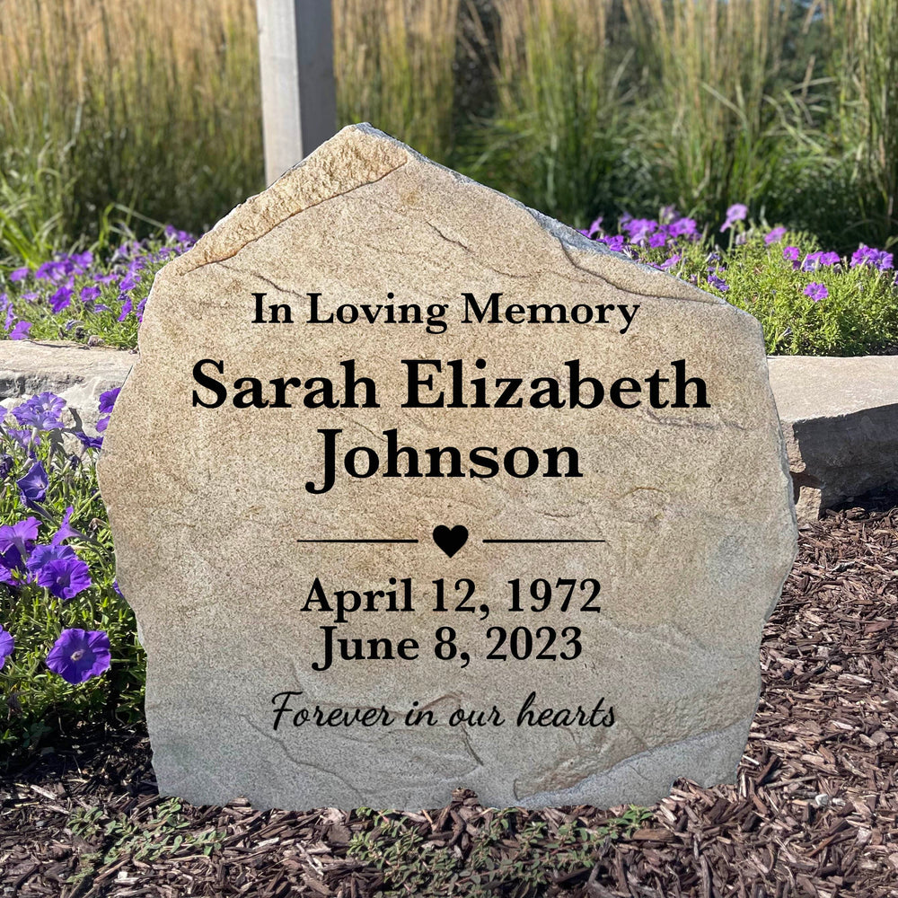 Forever In Our Hearts personalized memorial stone engraved for a loved one in a peaceful memorial garden
