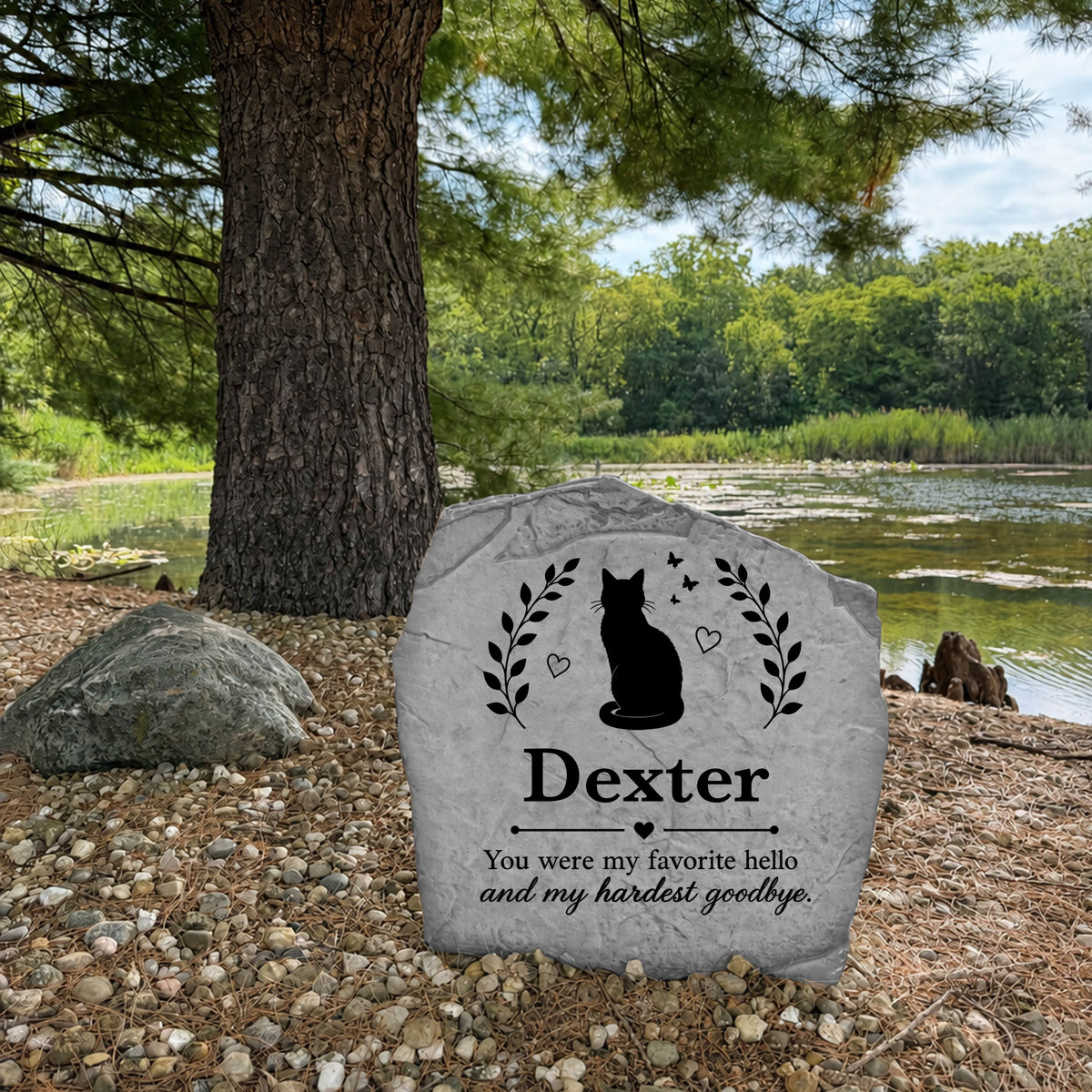 Personalized Forever Loved cat remembrance stone engraved directly into durable stone for a timeless memorial.