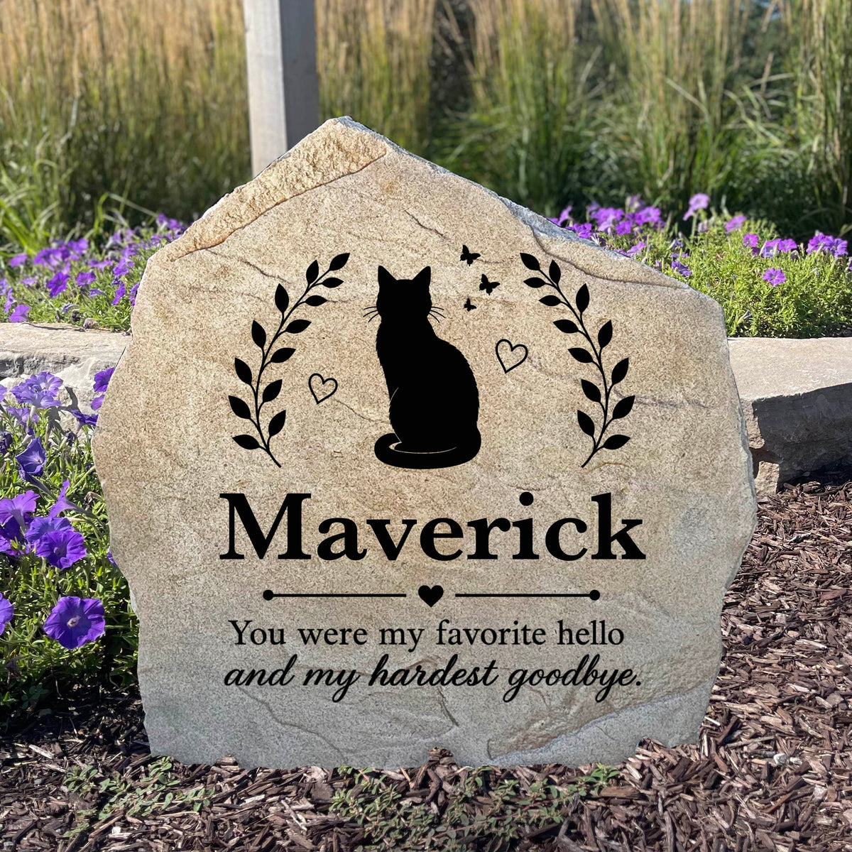 Personalized Forever Loved Cat Memorial Stone engraved with a beloved cat's name for a beautiful garden tribute.