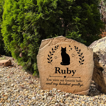 Outdoor cat memorial garden stone personalized with your pet's name and dates for a lasting remembrance.