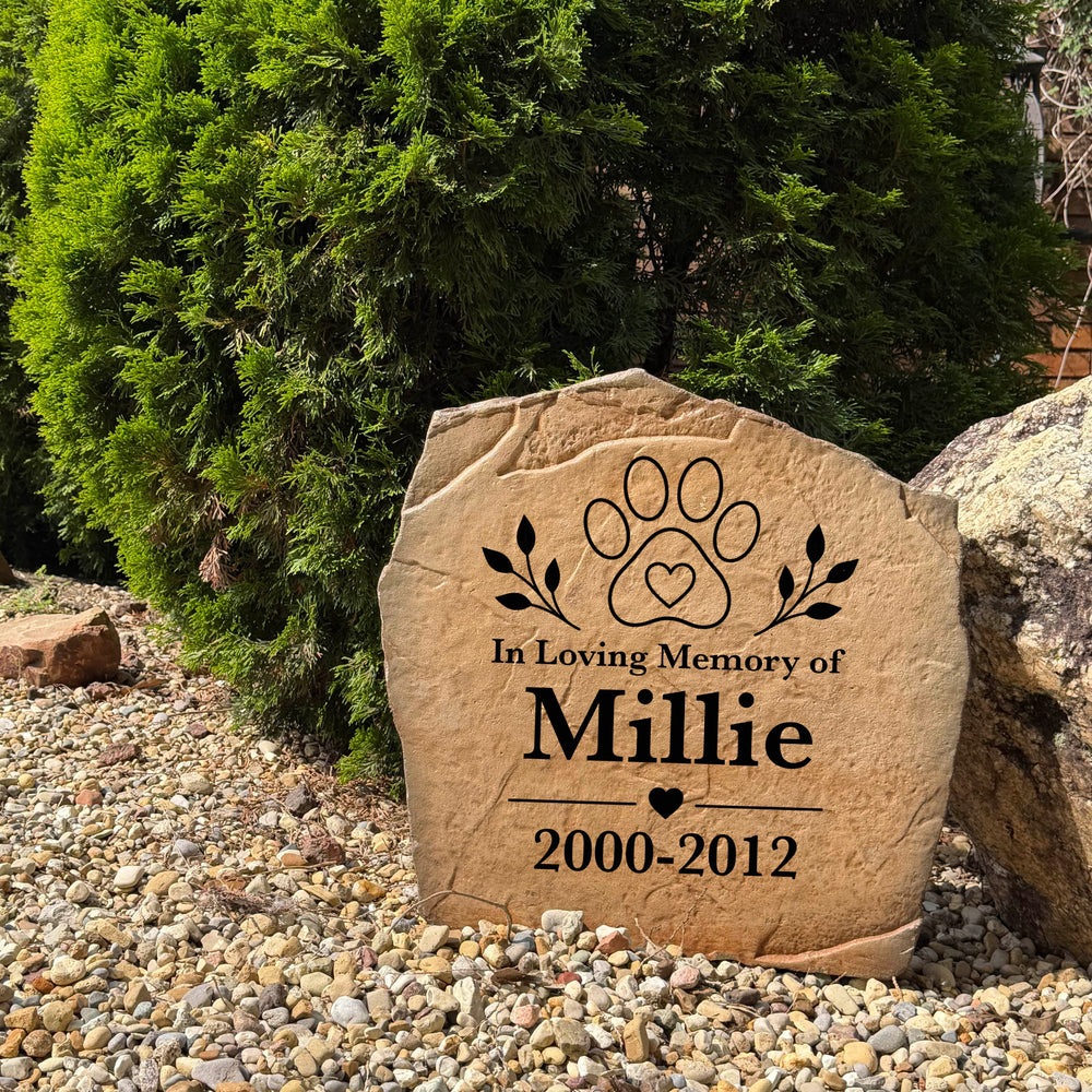 Outdoor Forever Paw Print pet memorial stone personalized with your pet's name and dates for a meaningful remembrance.