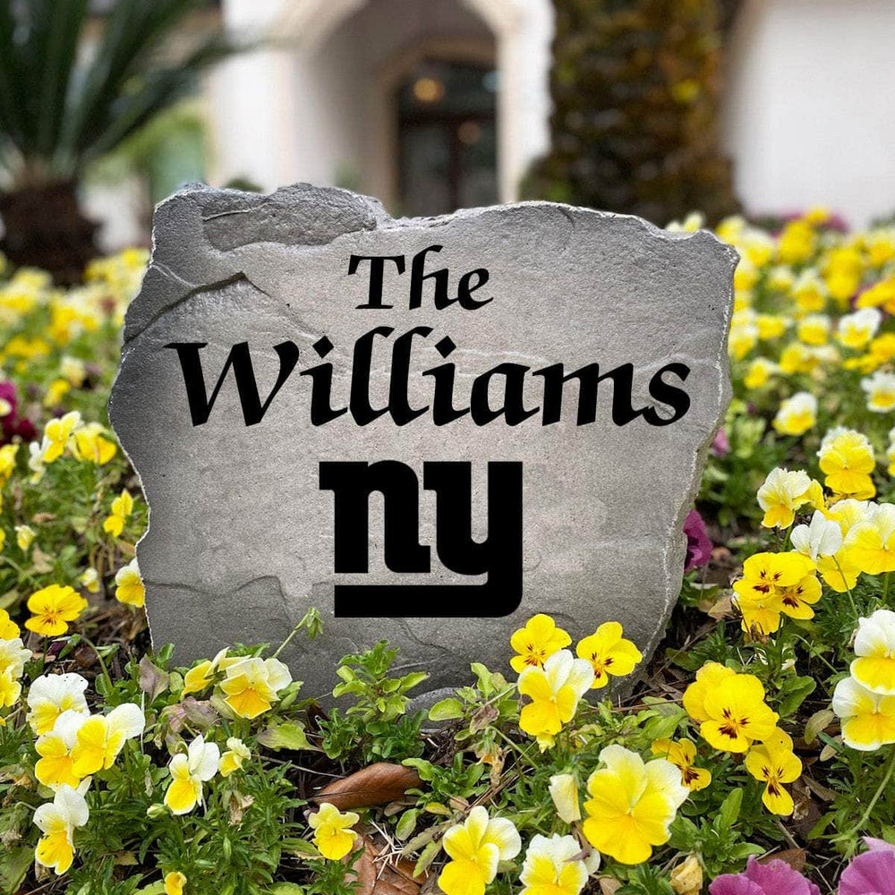 Officially licensed New York Giants Name Stone handcrafted in the USA with custom family engraving and durable team artwork. This decorative garden stone enhances landscape beds, patios, and outdoor living spaces with lasting beauty and NFL team pride.