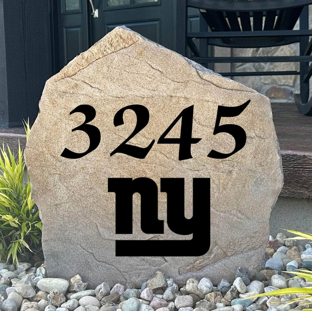 Officially licensed New York Giants Address Stone featuring custom house numbers and the iconic New York Giants logo engraved directly into the stone surface. This personalized address stone adds NFL team pride and enhances curb appeal for front yards, gardens, driveways, and entryways.