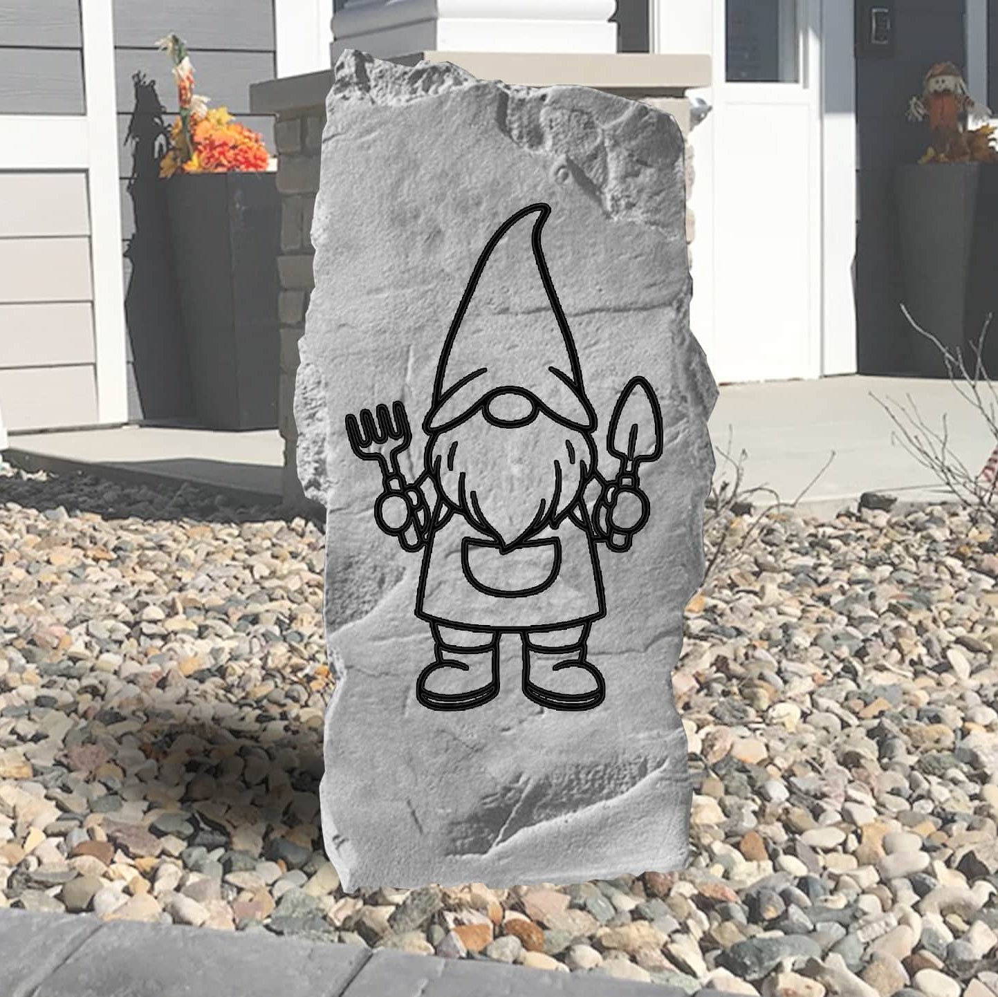 Standing proudly among vibrant flowers and garden accents, the Vertical Gnome Stone brings cheerful personality to the landscape with its whimsical engraved gnome design. Its tall profile and playful character make it a delightful focal point, adding a touch of charm and good fortune to walkways, patios, and entryways