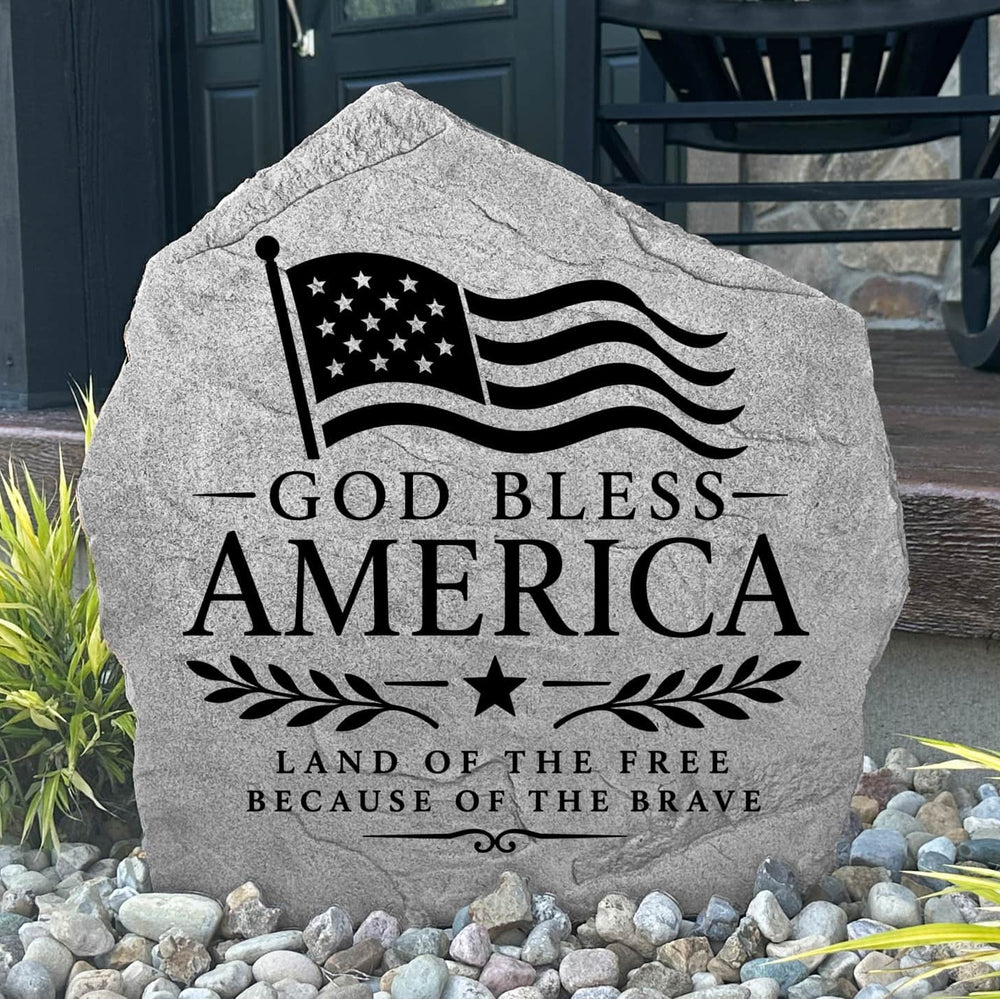 Decorative God Bless America Flag Stone engraved directly into durable stone with a timeless patriotic design. Perfect for gardens, flower beds, front porches, walkways, memorial spaces, and landscaped entryways.