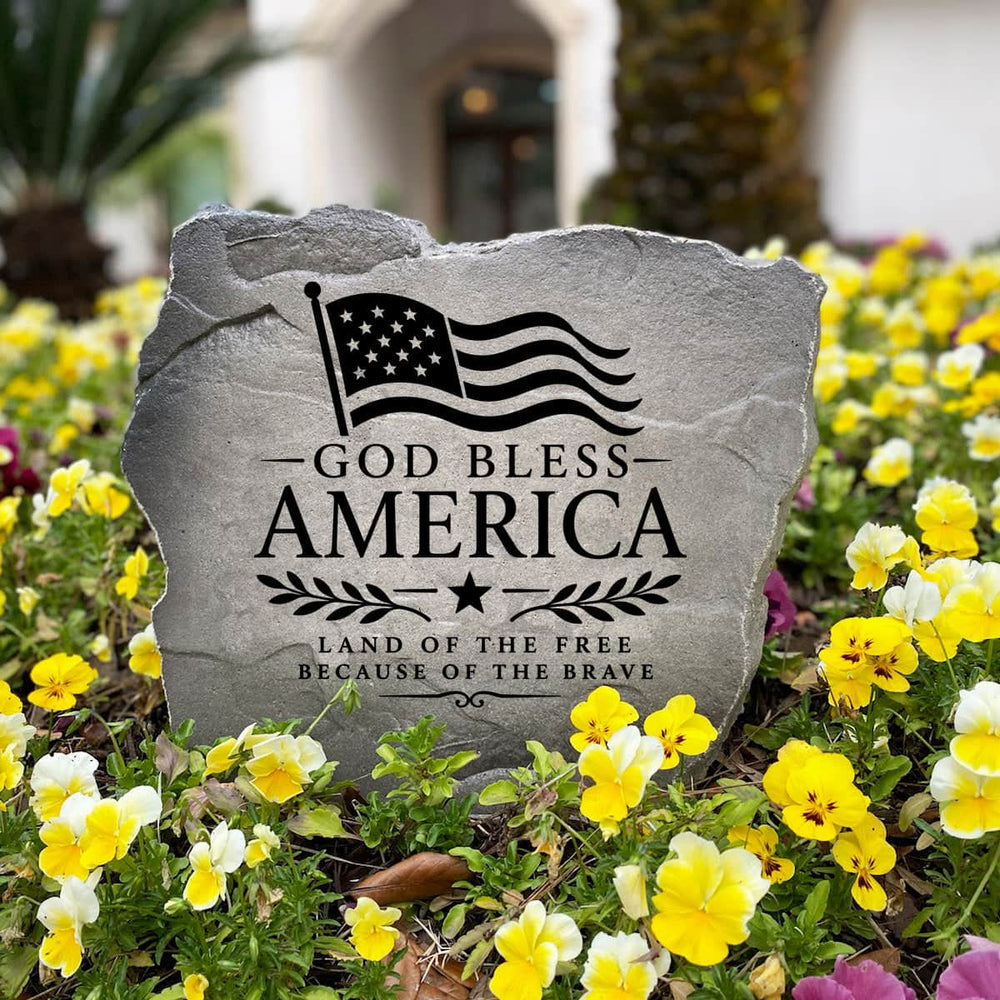 Engraved God Bless America Flag Stone crafted with exceptional American craftsmanship and built to withstand the elements. A meaningful gift for veterans, military families, patriotic homeowners, housewarmings, and holidays.