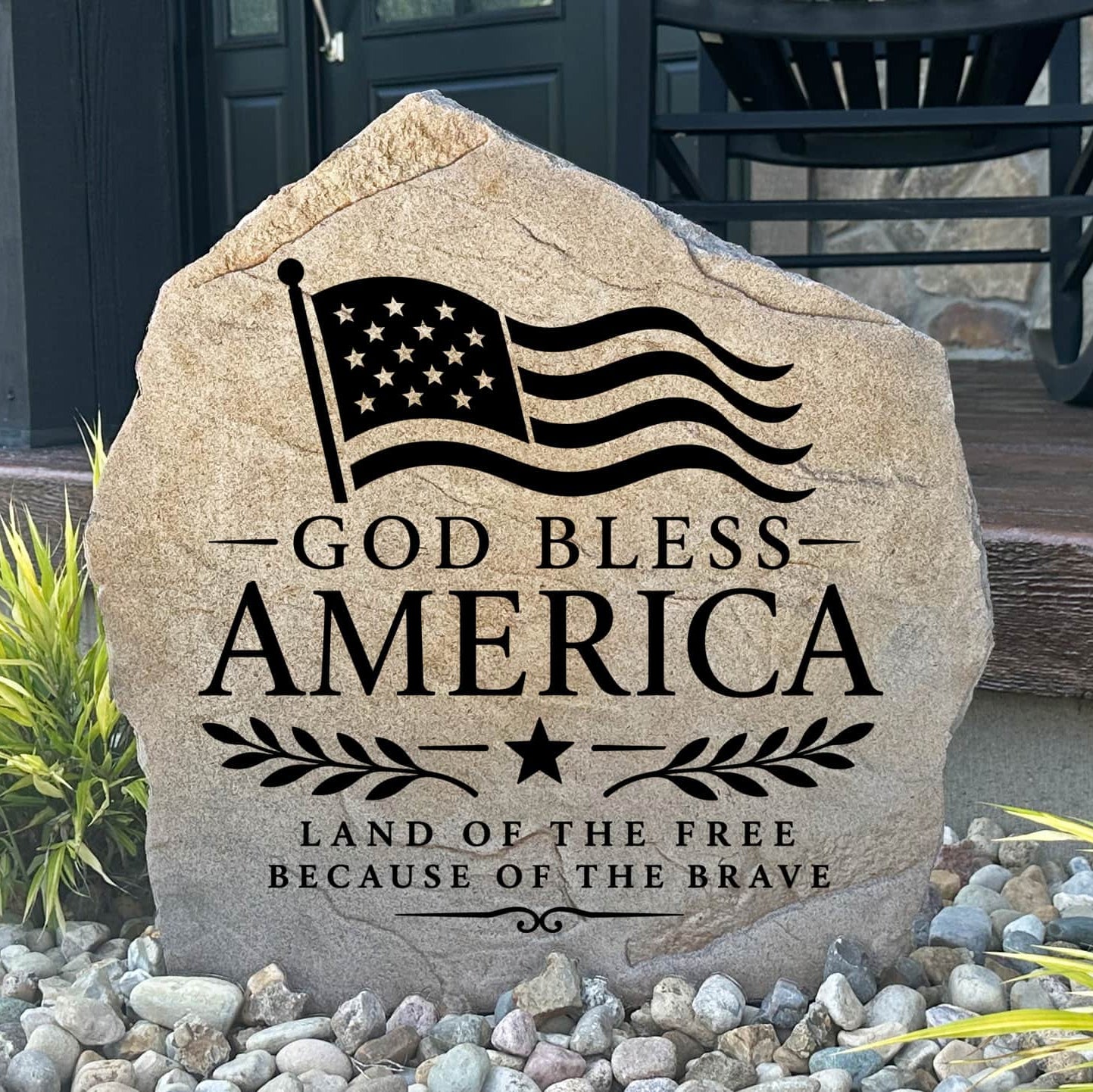 Patriotic God Bless America Flag Stone featuring an engraved American flag and "God Bless America" design. This decorative landscape stone celebrates faith, freedom, and national pride while enhancing any outdoor space.