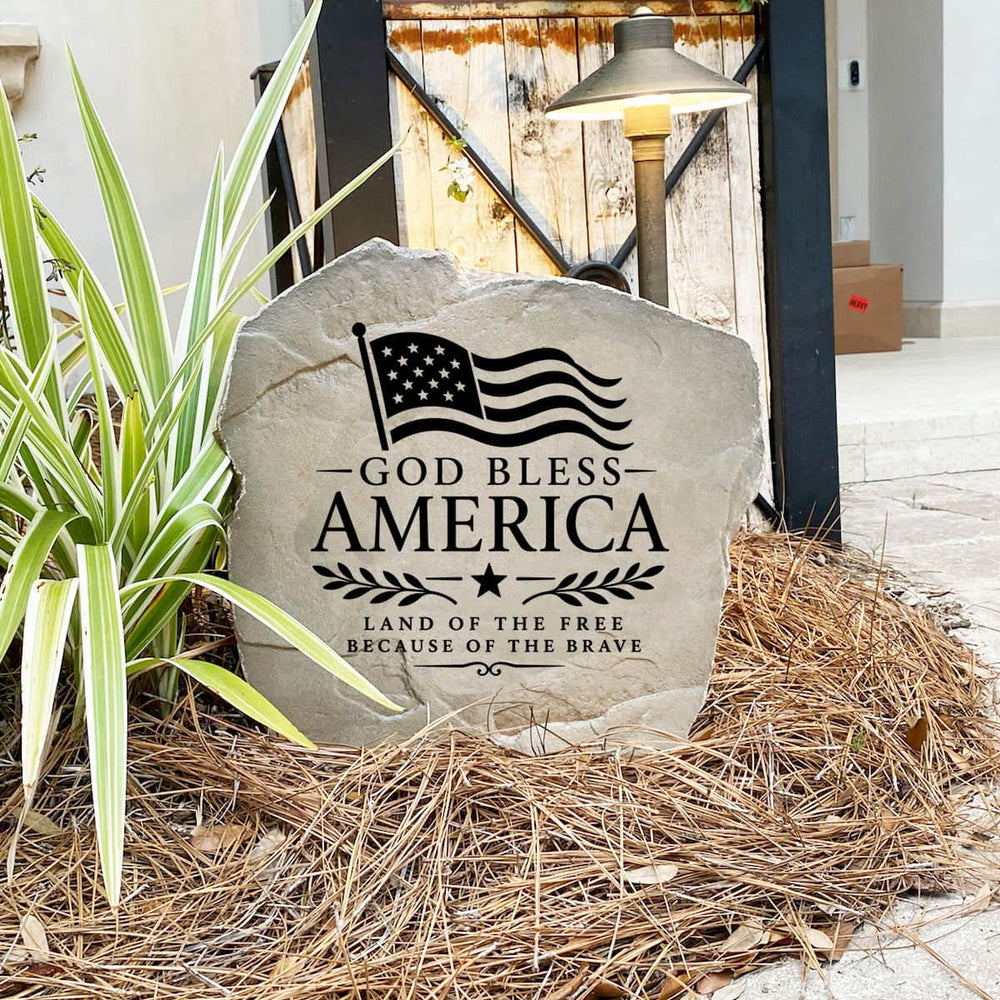 Handcrafted God Bless America Flag Stone proudly made in the USA with deep precision engraving and weather-resistant construction. Available in Sandstone and Greystone finishes for year-round outdoor beauty.