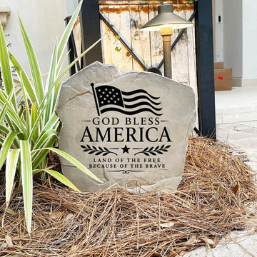 Handcrafted God Bless America Flag Stone proudly made in the USA with deep precision engraving and weather-resistant construction. Available in Sandstone and Greystone finishes for year-round outdoor beauty.