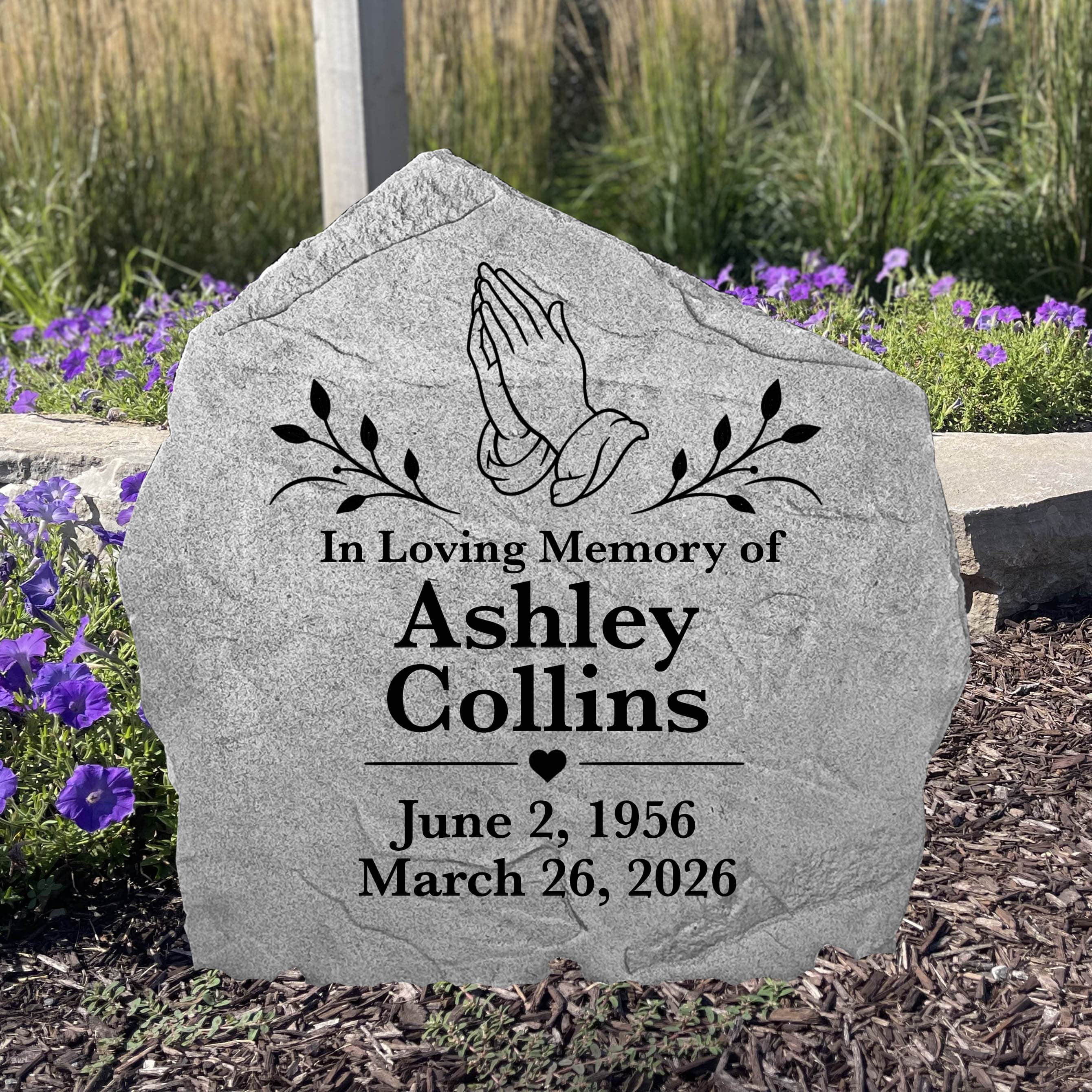 Custom engraved Hands Of Faith memorial stone featuring praying hands to honor the life and faith of a loved one.