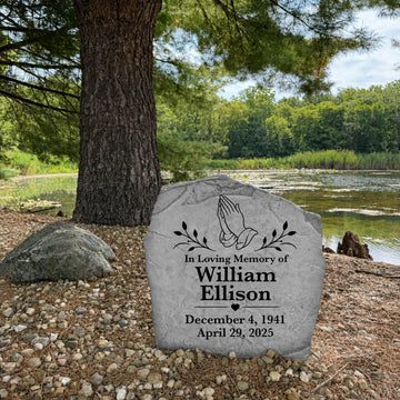 Personalized Hands Of Faith remembrance stone engraved directly into durable stone for a lasting outdoor memorial.