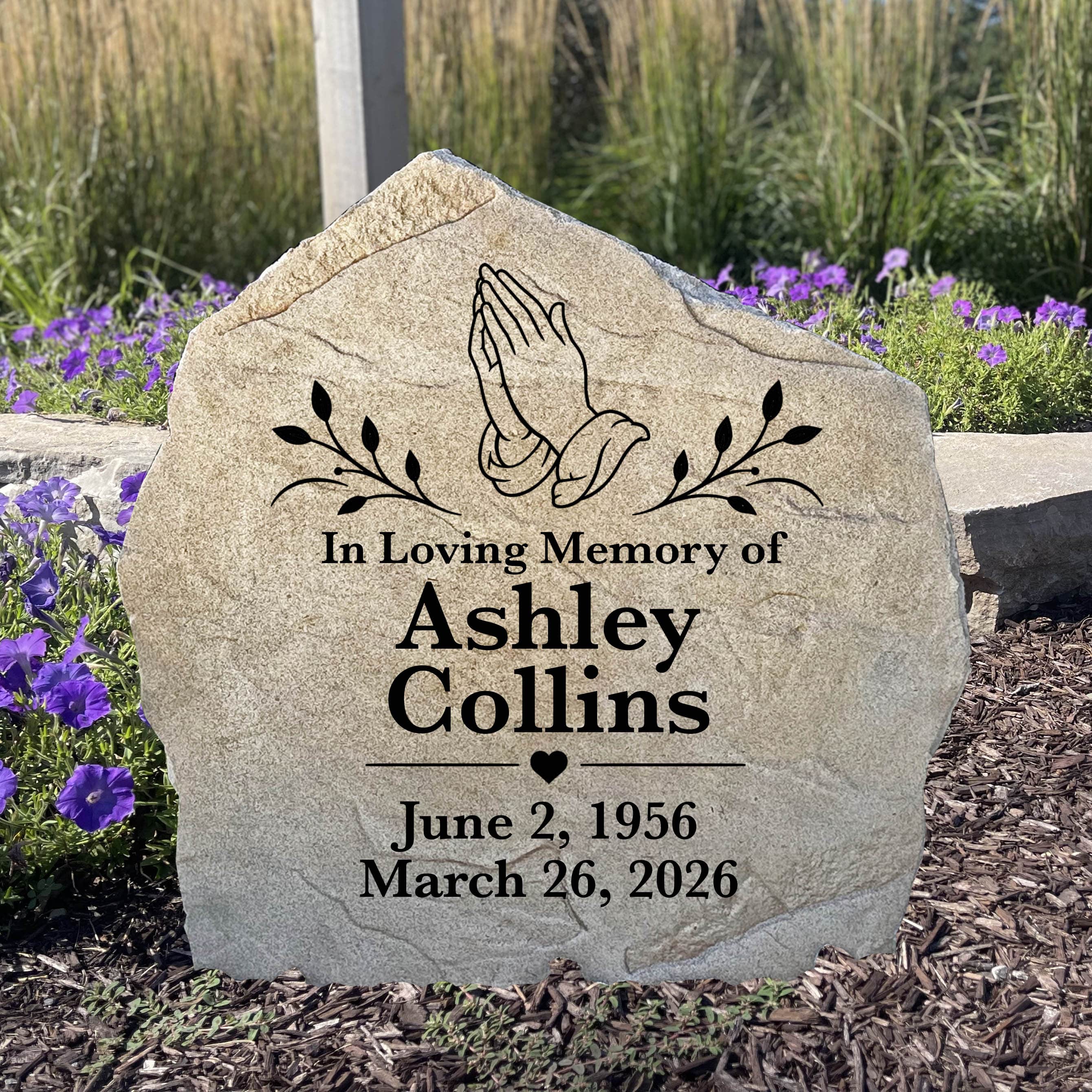 Personalized Hands Of Faith Memorial Stone engraved with a loved one's name for a meaningful Christian garden tribute.