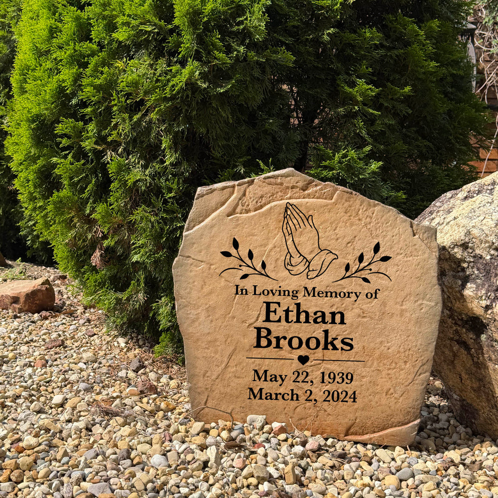 Christian memorial garden stone personalized with names and dates, celebrating a life of faith and remembrance.