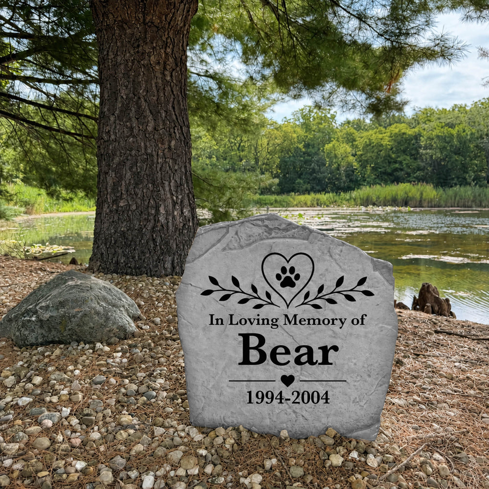 Personalized Heart & Paw pet remembrance stone made in the USA for a lasting outdoor tribute