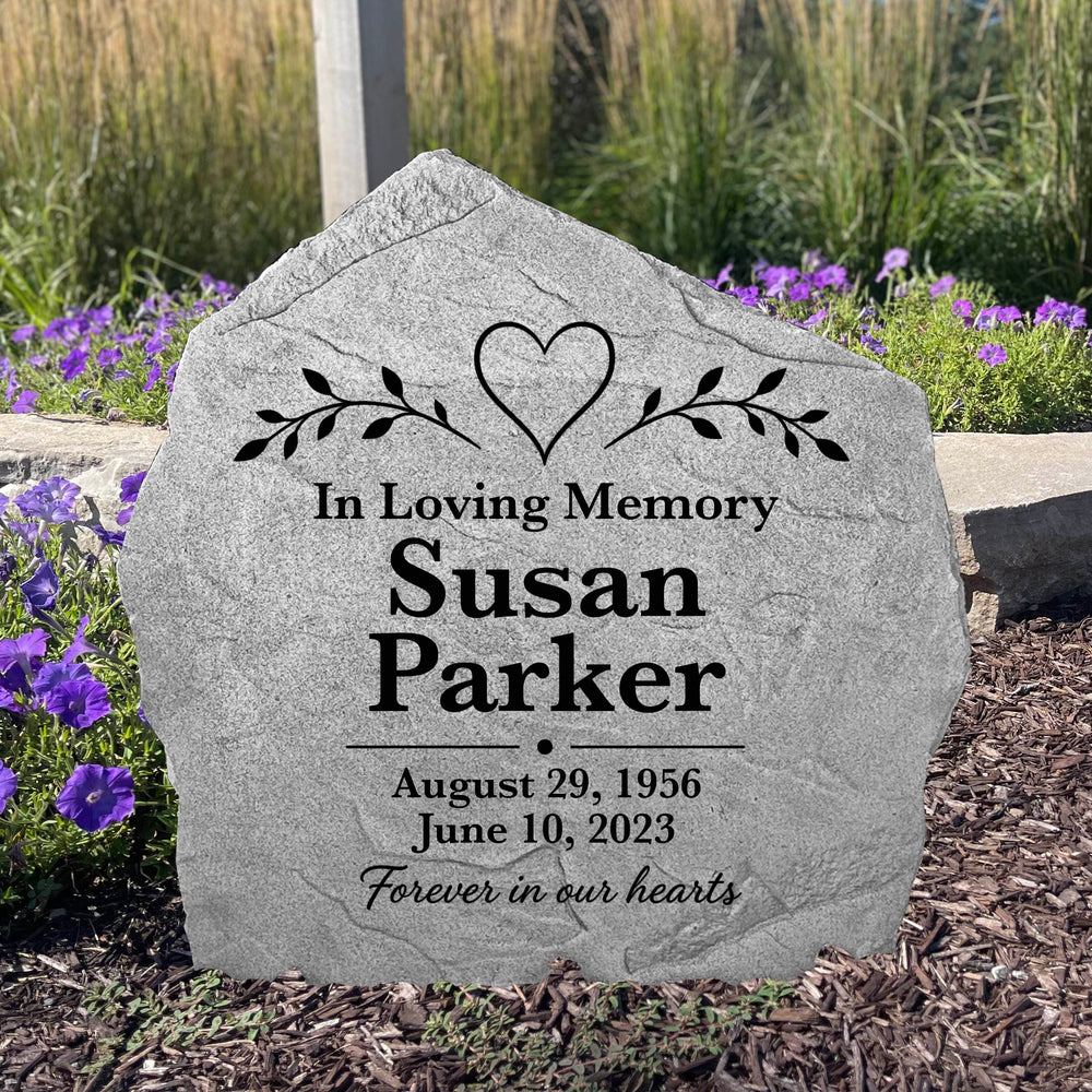Custom Heart & Vine memorial stone featuring an elegant engraved heart and vine design for outdoor remembrance