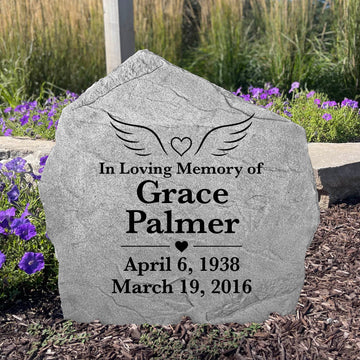 Custom engraved Heart & Wings memorial stone featuring angel wings and a heart to honor a cherished family member or friend.