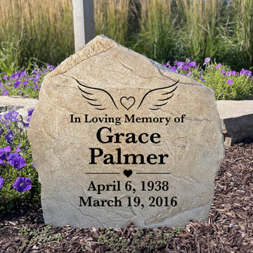 Personalized Heart & Wings Memorial Stone engraved with a loved one's name for a beautiful garden tribute.