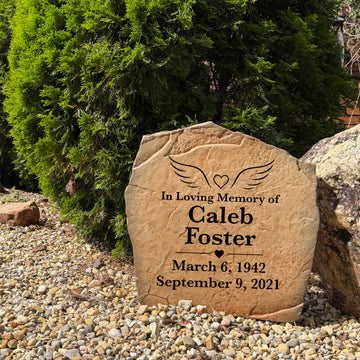 Outdoor Heart & Wings memorial garden stone personalized with names and dates for lasting remembrance.