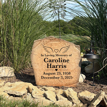 Made in the USA Heart & Wings Memorial Stone customized to celebrate the love and memory of someone dearly missed.