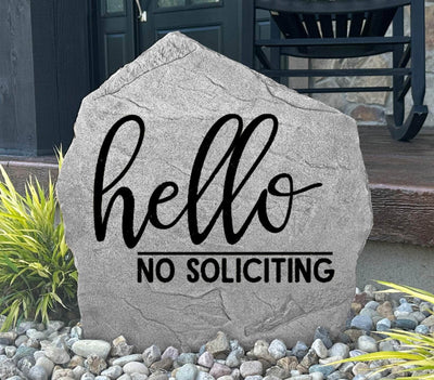 Engraved Hello No Soliciting stone for home entryway landscaping