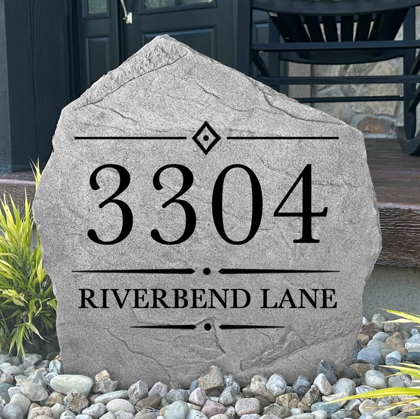 Custom Heritage Address Stone showcasing personalized house numbers with a classic engraved design. Perfect for front yards, driveways, gardens, landscape beds, walkways, and entryways.