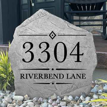 Custom Heritage Address Stone showcasing personalized house numbers with a classic engraved design. Perfect for front yards, driveways, gardens, landscape beds, walkways, and entryways.