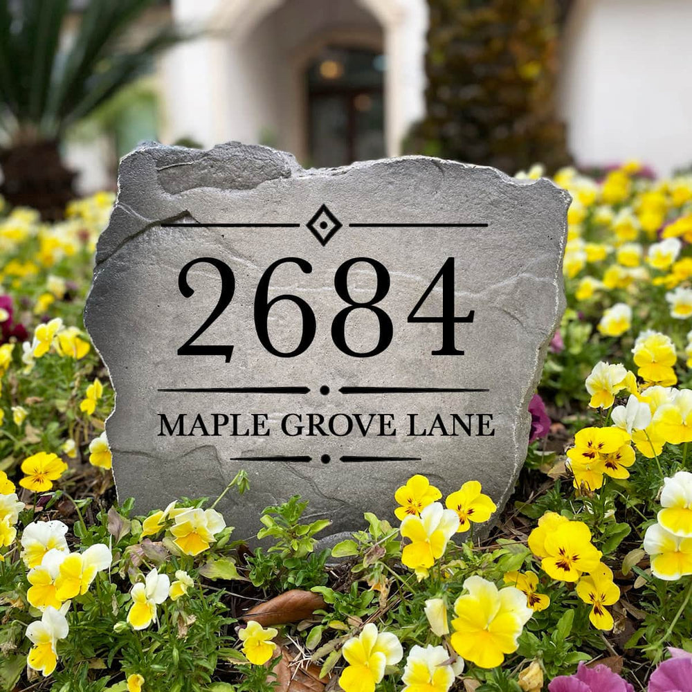 Personalized Heritage outdoor address marker engraved into durable stone with custom house numbers. A thoughtful gift for new homeowners, housewarming celebrations, weddings, and anyone looking to enhance their home's exterior.