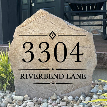 Personalized Heritage Address Stone featuring custom house numbers and a timeless heritage-inspired design engraved directly into the stone surface. This decorative address marker enhances curb appeal and creates a welcoming entrance to your home