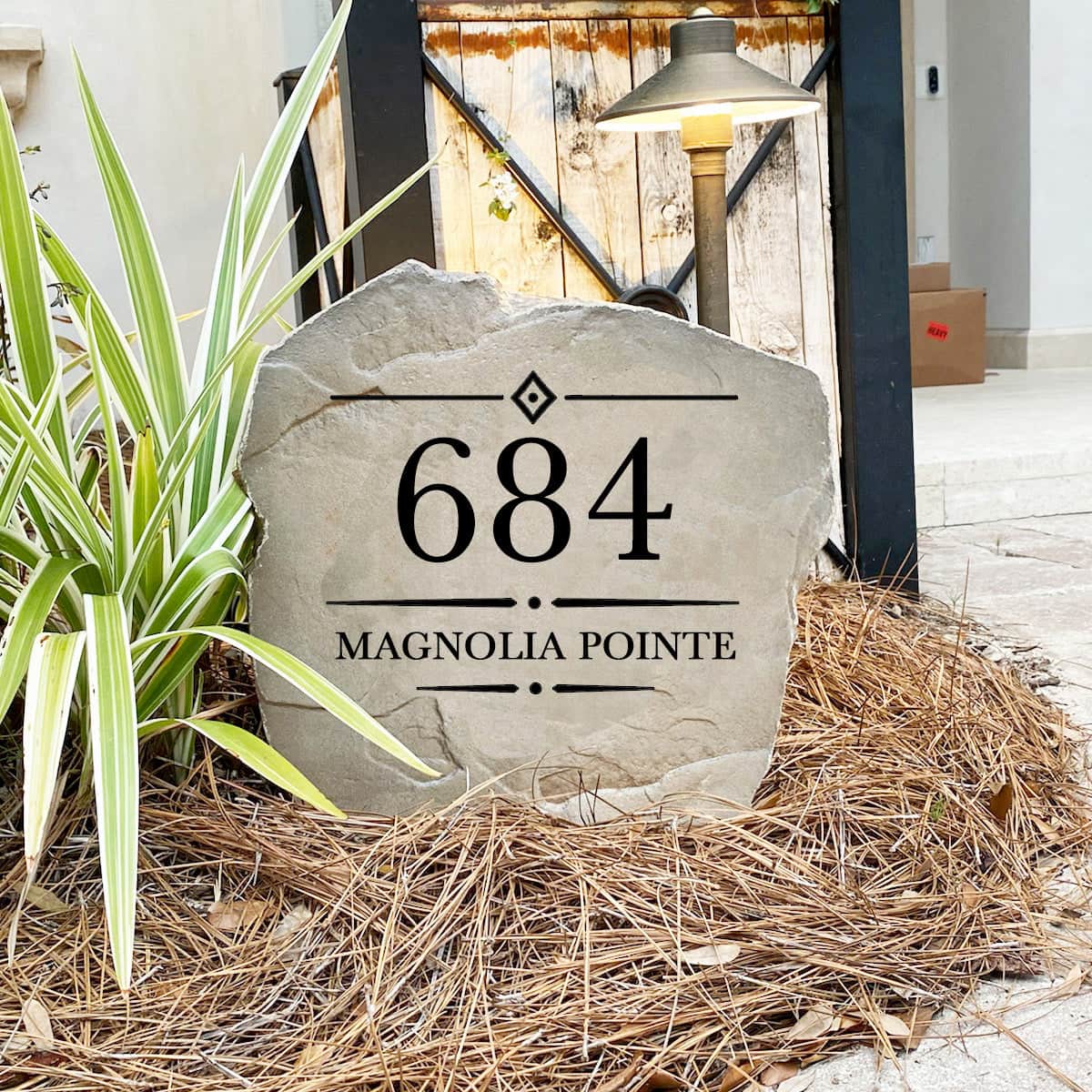 Handcrafted Heritage Address Stone proudly made in the USA with deep precision engraving and weather-resistant construction. Available in Sandstone and Greystone finishes for lasting outdoor beauty.