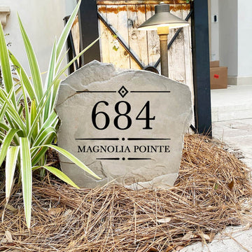 Handcrafted Heritage Address Stone proudly made in the USA with deep precision engraving and weather-resistant construction. Available in Sandstone and Greystone finishes for lasting outdoor beauty.