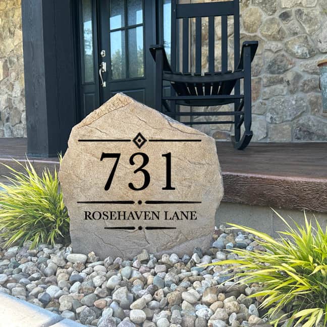 Decorative Heritage house number stone featuring permanently engraved custom numbers and elegant detailing. This premium landscape accent improves address visibility while adding timeless style to your outdoor space.
