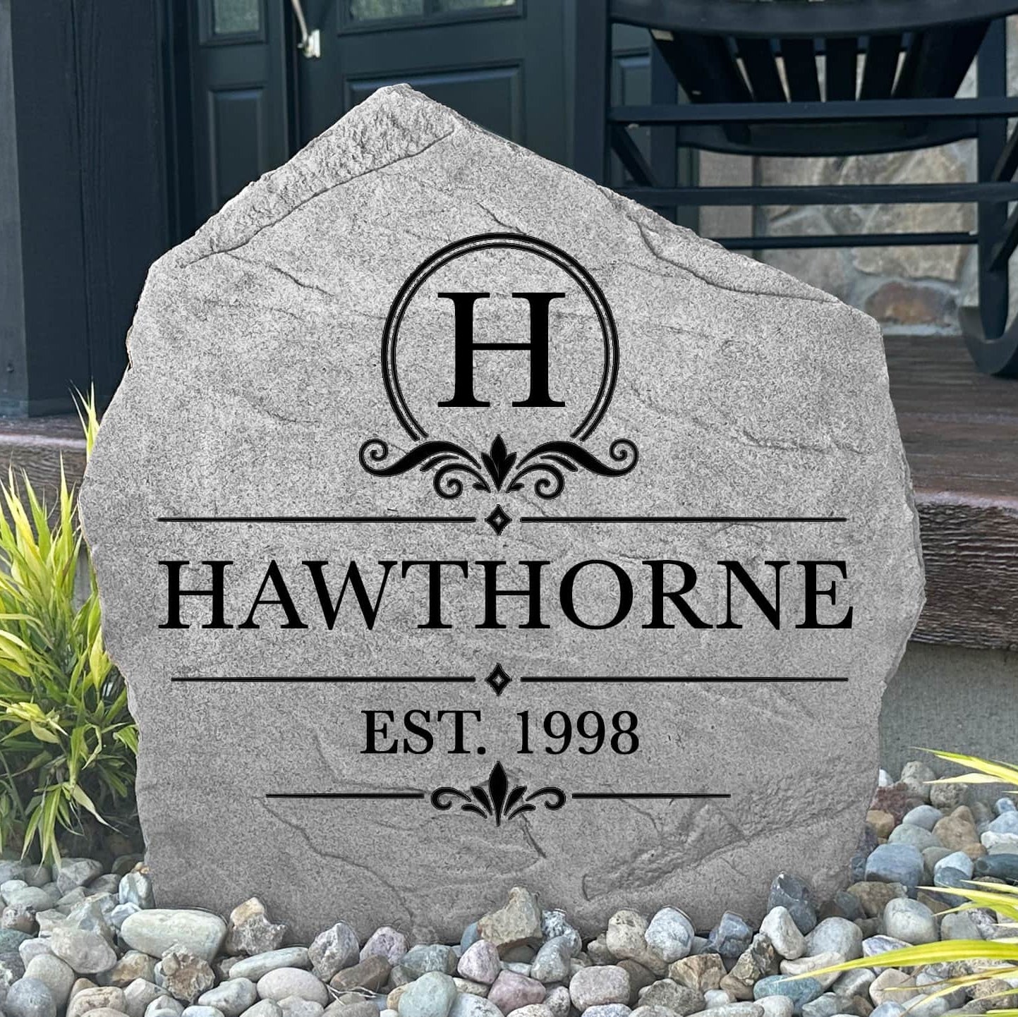 Custom Heritage Name Stone designed with elegant engraving and personalized family lettering. Perfect for gardens, front walkways, patios, flower beds, and entryways seeking classic curb appeal.