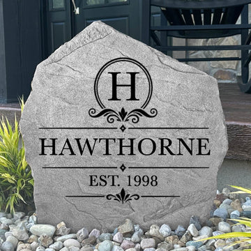 Custom Heritage Name Stone designed with elegant engraving and personalized family lettering. Perfect for gardens, front walkways, patios, flower beds, and entryways seeking classic curb appeal.