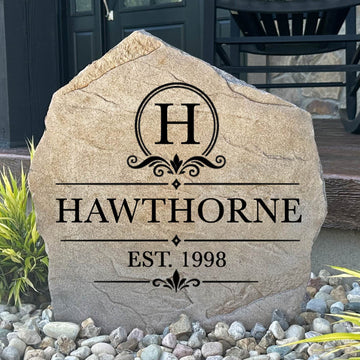 Personalized Heritage Name Stone featuring your custom family name engraved into premium stone with a timeless heritage-inspired design. A beautiful way to welcome guests while enhancing your home's landscape.