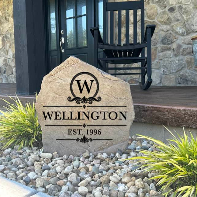 Decorative Heritage family name stone permanently engraved with your personalized name and crafted to complement traditional and modern landscapes. A timeless outdoor accent for any home.