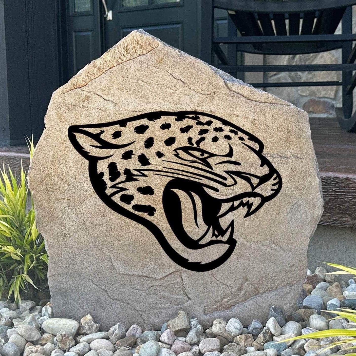 Officially licensed Jacksonville Jaguars Logo Stone featuring the iconic Jacksonville Jaguars logo engraved directly into the stone surface. This decorative garden stone adds NFL team spirit and curb appeal to front yards, patios, gardens, and entryways.