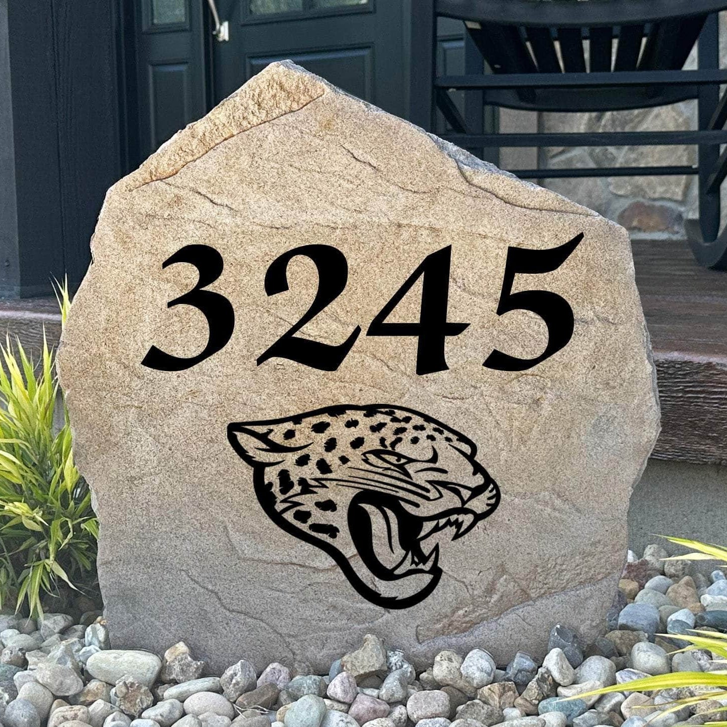 Officially licensed Jacksonville Jaguars Address Stone featuring custom house numbers and the iconic Jacksonville Jaguars logo engraved directly into the stone surface. This personalized address stone adds NFL team pride and enhances curb appeal for front yards, gardens, driveways, and entryways.