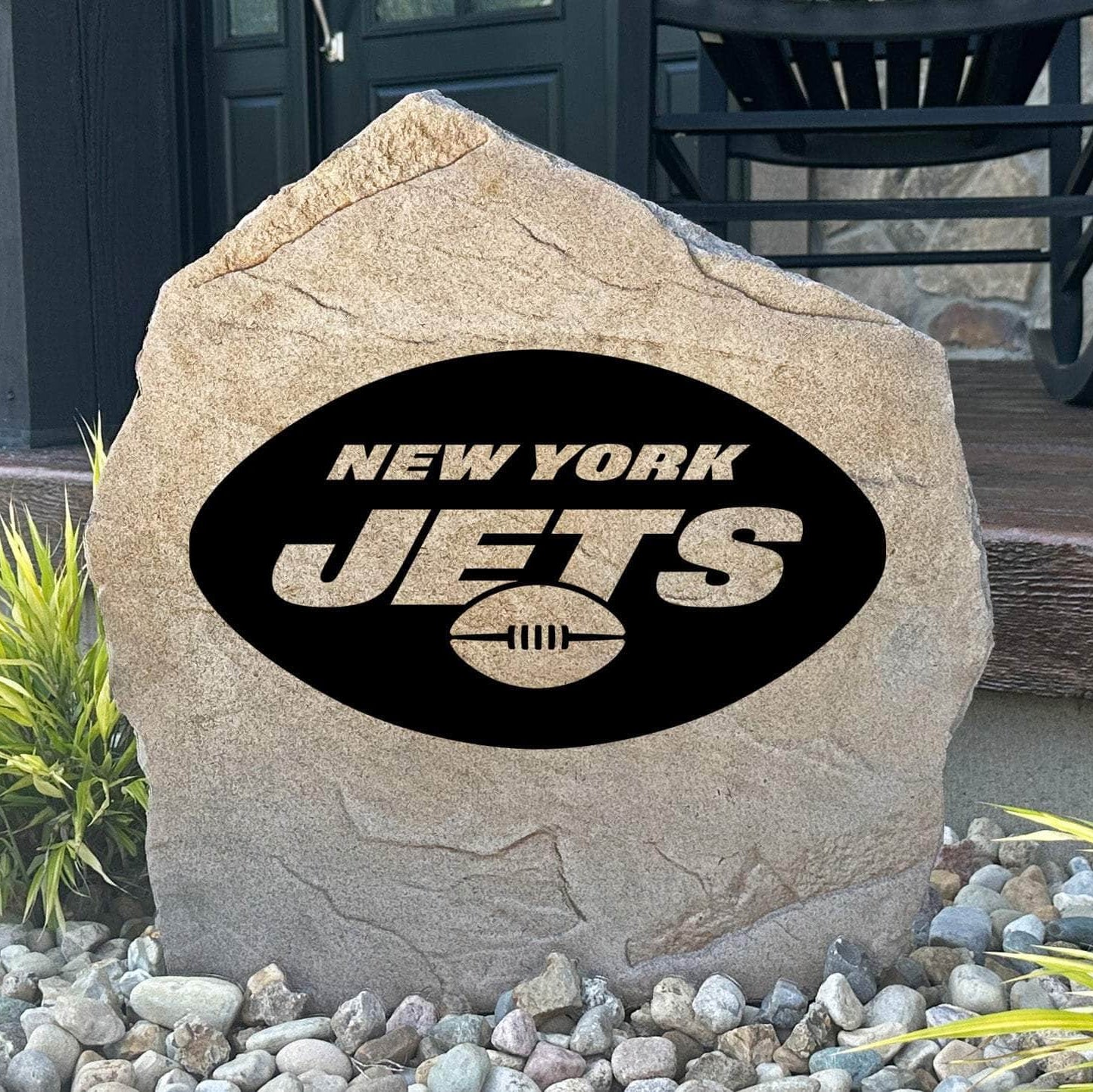 Officially licensed New York Jets Logo Stone featuring the iconic New York Jets logo engraved directly into the stone surface. This decorative garden stone adds NFL team spirit and curb appeal to front yards, patios, gardens, and entryways.